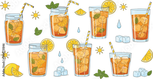 Iced lemon tea vector set with fresh citrus slices, mint and cold drinks, refreshing summer beverage collection isolated on white background illustration