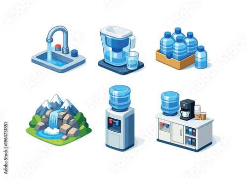 Water sources. Isometric flat vector icons set of Water sources: kitchen tap, filtered water dispenser, bottled water pack, water cooler, mountain spring icon,