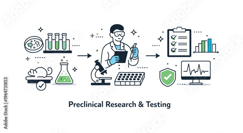 Preclinical research and testing. Editorial illustration of lab samples, test tubes, and data charts connected in a logical flow, representing controlled