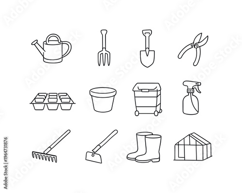 Home Gardening Tools. Minimalistic set one-line drawing watering can, garden fork, spade shovel, pruning scissors, seed tray, plant pot, compost bin, spray