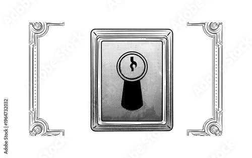 A traditional door keyhole framed by elaborate engraved borders and fine linework, presented centrally with minimal composition, black and white halftone