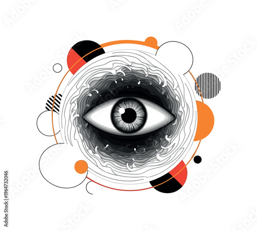wave spiral eye center with geometric circles abstract shapes and lines, black and white spiral ocean current forming surreal eye pupil with layered collage