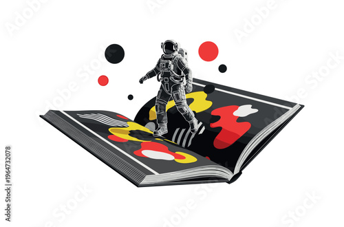 astronaut stepping on open pages with floating circles abstract shapes and lines, black and white astronaut crossing giant open book pages floating in air with