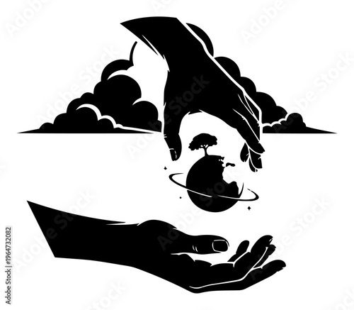 Giant hands holding small planet Earth with clouds in conceptual surreal flat vector style