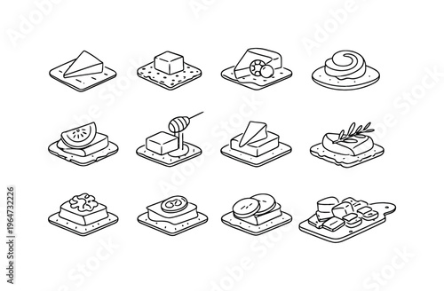 Gourmet Snack Bites. Minimalistic set one-line drawing artisan cracker with cheese slice, seeded cracker with cheese block, cracker with brie and berry,