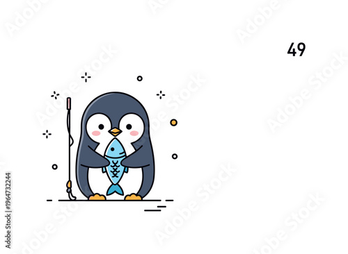 Little penguin catch cute tiny penguin proudly holding a freshly caught fish with tiny decorative sparkles enhancing the whimsical scene. Minimalist flat