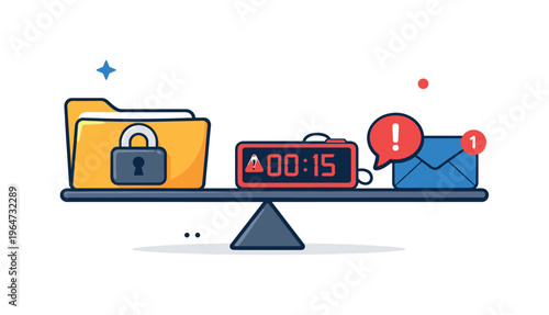 Digital hostage situation expressing pressure and limited choices, shown through a locked data folder balanced against a countdown timer and message