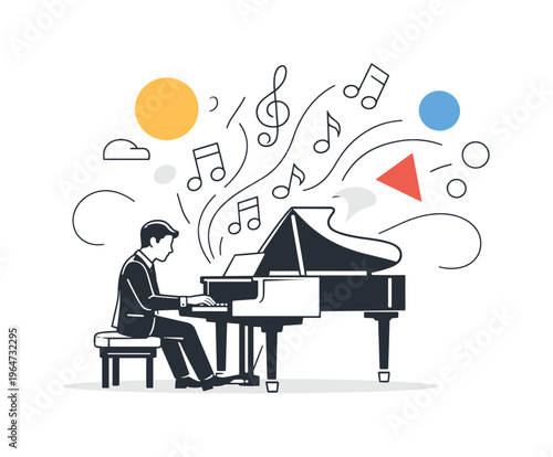 Piano recital. Pianist seated at a grand piano, calm concentration and refined atmosphere. Light musical notes and rounded shapes drift upward like sound