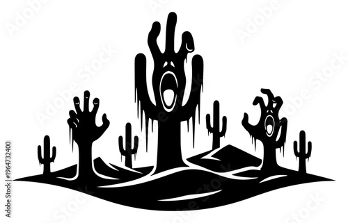 Desert landscape with saguaro cacti shaped like screaming faces and hands in dark surreal style