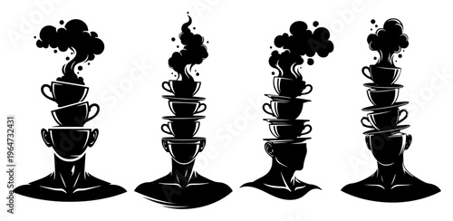 Man head silhouettes with stacks of steaming coffee cups symbolizing caffeine energy in minimalist graphic style