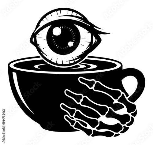 Skeleton hand holding a coffee cup with a large eyeball inside in dark surreal style
