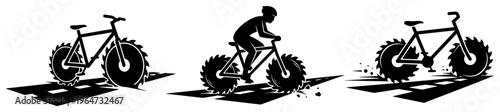 Bicycle with circular saw blades instead of wheels on a road in silhouette style