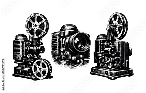 Film Projector ? vintage 35mm projector. A realistic vintage 35mm film projector presented as a single object shown in three different views emphasizing reels,