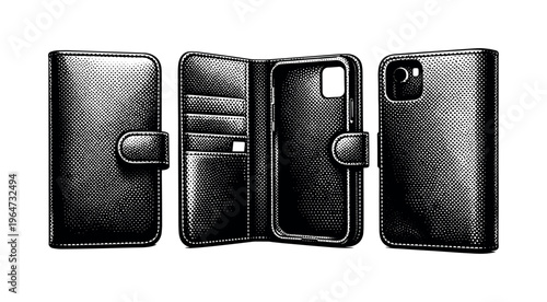 Wallet phone case shown as a folio-style phone case with a front cover flap and card slot structure, treated as a single object. Black and white dot style with