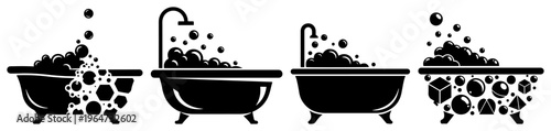 Bathtub icons set with bubbles and foam in minimalist black and white style