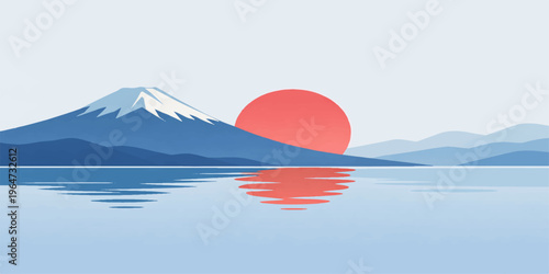 Beautiful Mount Fuji in Japan with cherry blossoms and a peaceful lake reflecting the sky and flag