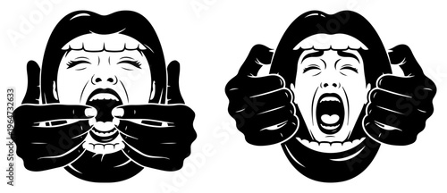 Human mouth being pulled open wide while screaming in graphic black and white style