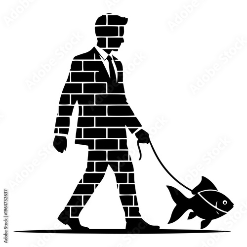 Surreal man with brick texture walking a fish on a leash in graphic silhouette style