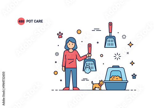 Pet care cleaning routine with a person, litter scoop, and container expressing responsibility, routine maintenance, and care for animal wellbeing. Minimalist