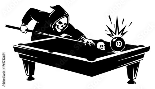 Grim Reaper playing pool with skull cue ball hitting thirteen ball in dark humorous style