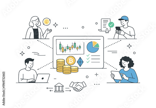 Decentralized finance platform. Multiple users connected to a shared interface with coins, graphs, and smart contract icons. A visual story of open financial