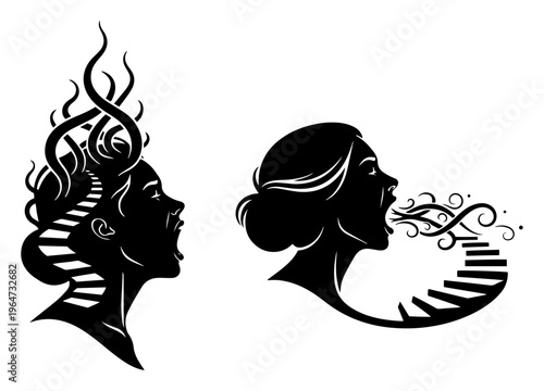 Female profile silhouettes with hair and breath turning into stairs in conceptual surreal style