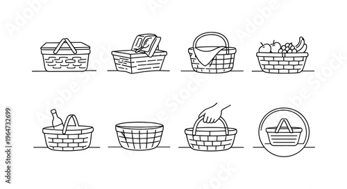 "Picnic Basket". Minimalistic set one-line drawing closed picnic basket, open basket with lid, basket with