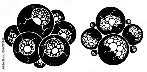 Eyeball clusters with cracked surfaces and honeycomb organic patterns in surreal horror style