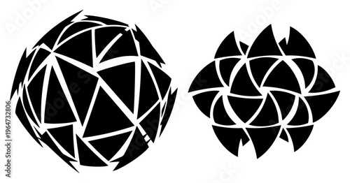 Geometric spheres with shattered glass and interlocking triangular patterns in abstract vector style