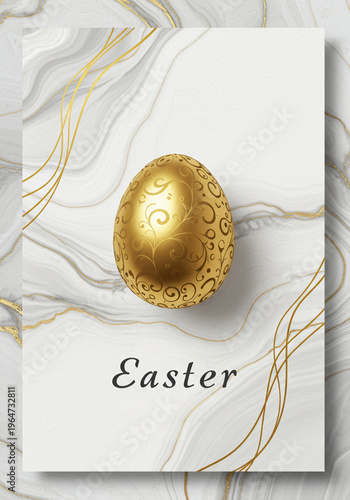 Luxury Easter greeting card with golden egg on marble background, elegant holiday design with flowing gold lines and copy space for seasonal message