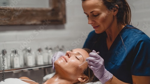 Professional aesthetician carefully performing a non-surgical thread lift procedure on a woman's face in a modern medical spa for skin rejuvenation and anti-aging.