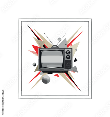 retro television set with antenna and distorted static screen, monochrome object combined with sharp diagonal lines and floating geometric forms, layered
