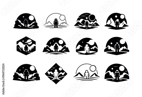 Exploring the surface of a distant exoplanet. Icon set. Set Logo of Exploring the surface of a distant exoplanet: alien planet landscape horizon. harmonious