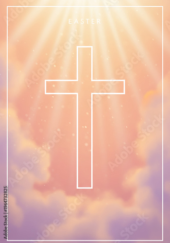 Christian Easter background with glowing cross in sky, heavenly light rays and clouds, spiritual resurrection concept with copy space for holy holiday message