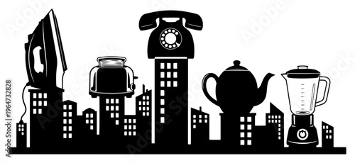 City skyline silhouette with buildings transforming into household appliances in minimalist conceptual style