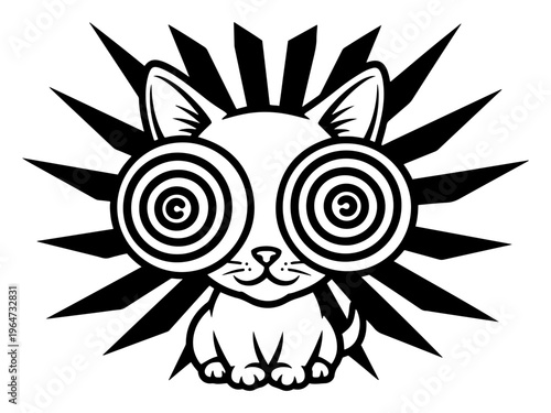 Cute kitten with large hypnotic spiral eyes sitting against a starburst background in graphic cartoon style