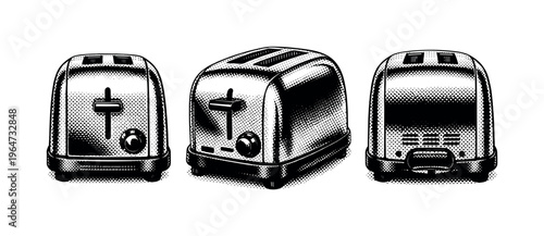 Retro home appliance ? classic toaster with rounded metal body twin slots and mechanical lever presented as one isolated object. Black and white dot style with