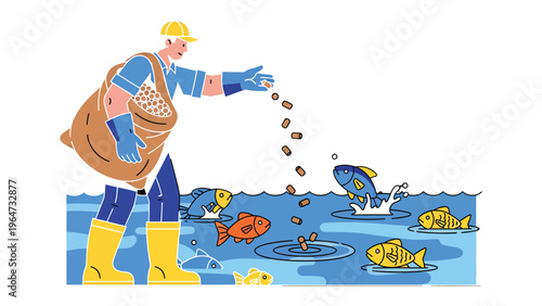 Aquatic Feast: An illustration capturing a dedicated individual distributing nourishment to a collection of vibrant fish within a body of water.