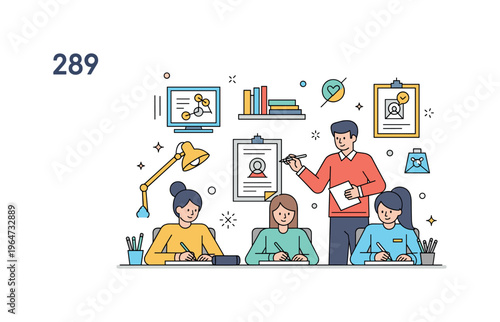 Drawing practice classroom with students focused on sketching while the instructor provides feedback expressing concentration, creativity, and structured