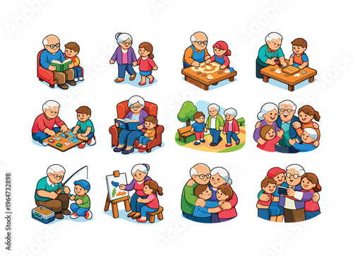Grandparents and grandchildren. Colorful isometric vector icons set of Grandparents and grandchildren: grandparent reading book, walking together, baking