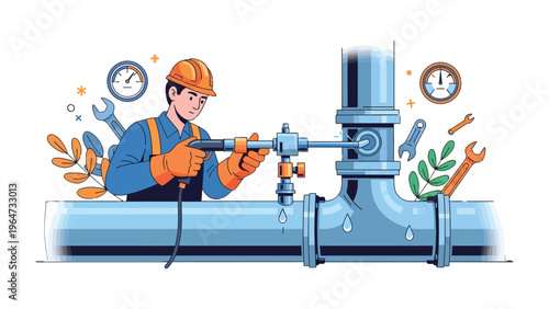 Plumber at Work: An industrious plumber is diligently repairing a water pipe, demonstrating precision and expertise in his profession.