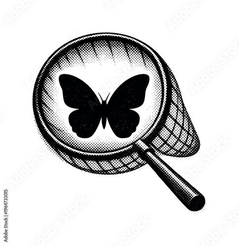 Symbolic composition of a circular butterfly net shape enclosing a simplified butterfly silhouette, forms