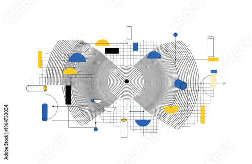 vintage broadcast signal with structured overlays, black and white circular wave patterns paired with grid lines and floating rectangles, cylinders and