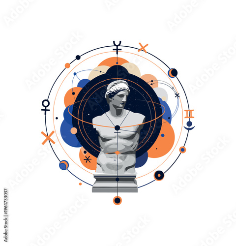 ancient sculpture cosmic halo with geometric circles semicircles and symbolic shapes, black and white classical statue surrounded by constellation halo circle
