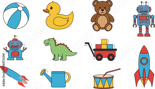 Kids Toys Collection Featuring Robot, Teddy Bear, Dinosaur, Rocket, Drum and Playful Cartoon Toy Elements Vector Illustration Set