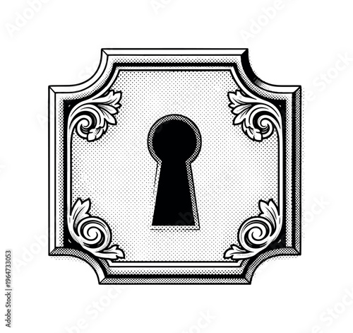 An engraved escutcheon plate with clean ornamental borders framing a narrow keyhole, enlarged with generous negative space, black and white halftone