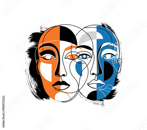 ink brush double face composition with geometric semicircles lines and abstract blocks, black and white two abstract faces merging from ink brush strokes with