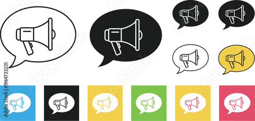 Megaphone icons with speech bubbles. Megaphones for advertising and announcements