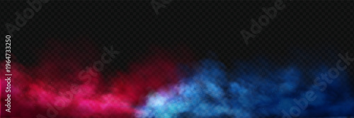 Red and blue smoke clouds with neon glow effect on black background.Realistic vector fog overlay for sport versus confrontation.MMA or boxing fight poster design.