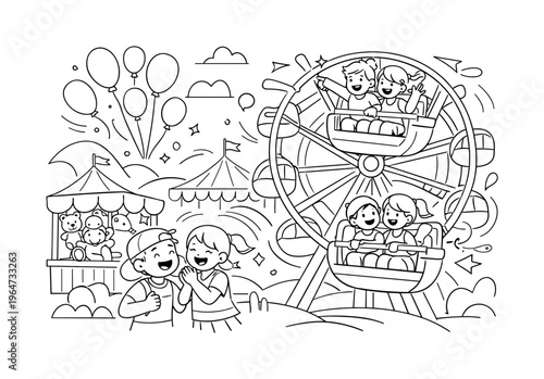 Spring Carnival Ferris Ride. A dynamic scene of people riding a Ferris wheel, balloons floating overhead, and